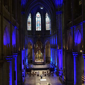 Mariendom Linz in blaues Licht gehüllt