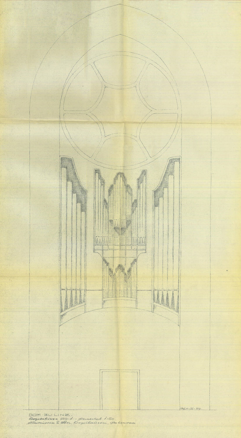 „Dom zu Linz – Orgelskizze Nr. 1” im Maßstab 1:50 der Orgelbaufirma Marcussen & Søn (April 1959).
