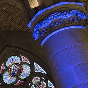 Mariendom Linz in blaues Licht gehüllt