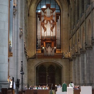 Blick in den Kirchenraum mit Rudigierorgel