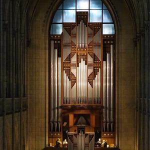 Blechbläserquartett der Dommusik Linz auf der Orgelempore der Rudigierorgel