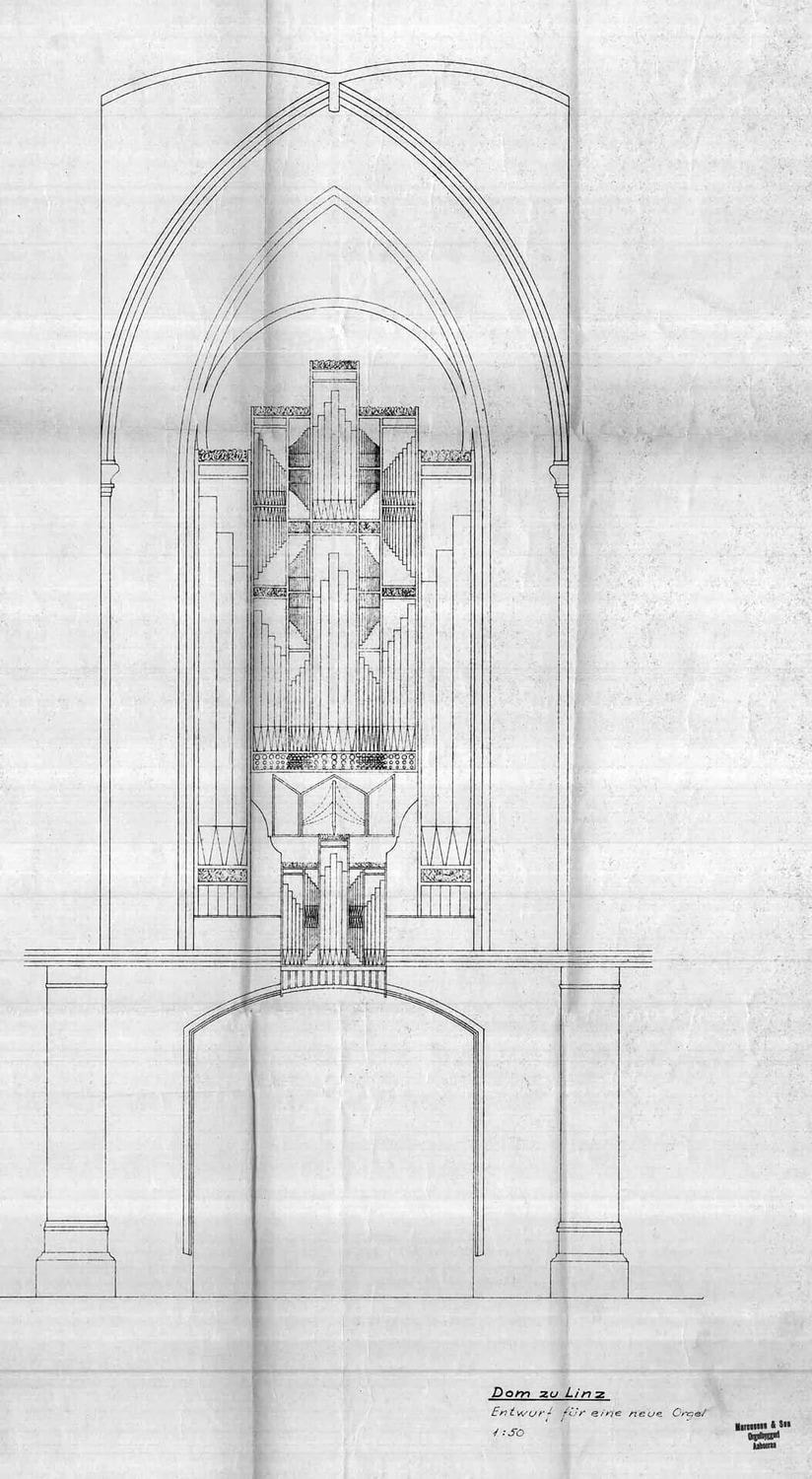 „Dom zu Linz – Entwurf für eine neue Orgel“ im Maßstab 1:50 der Orgelbaufirma Marcussen & Søn (undatiert). 