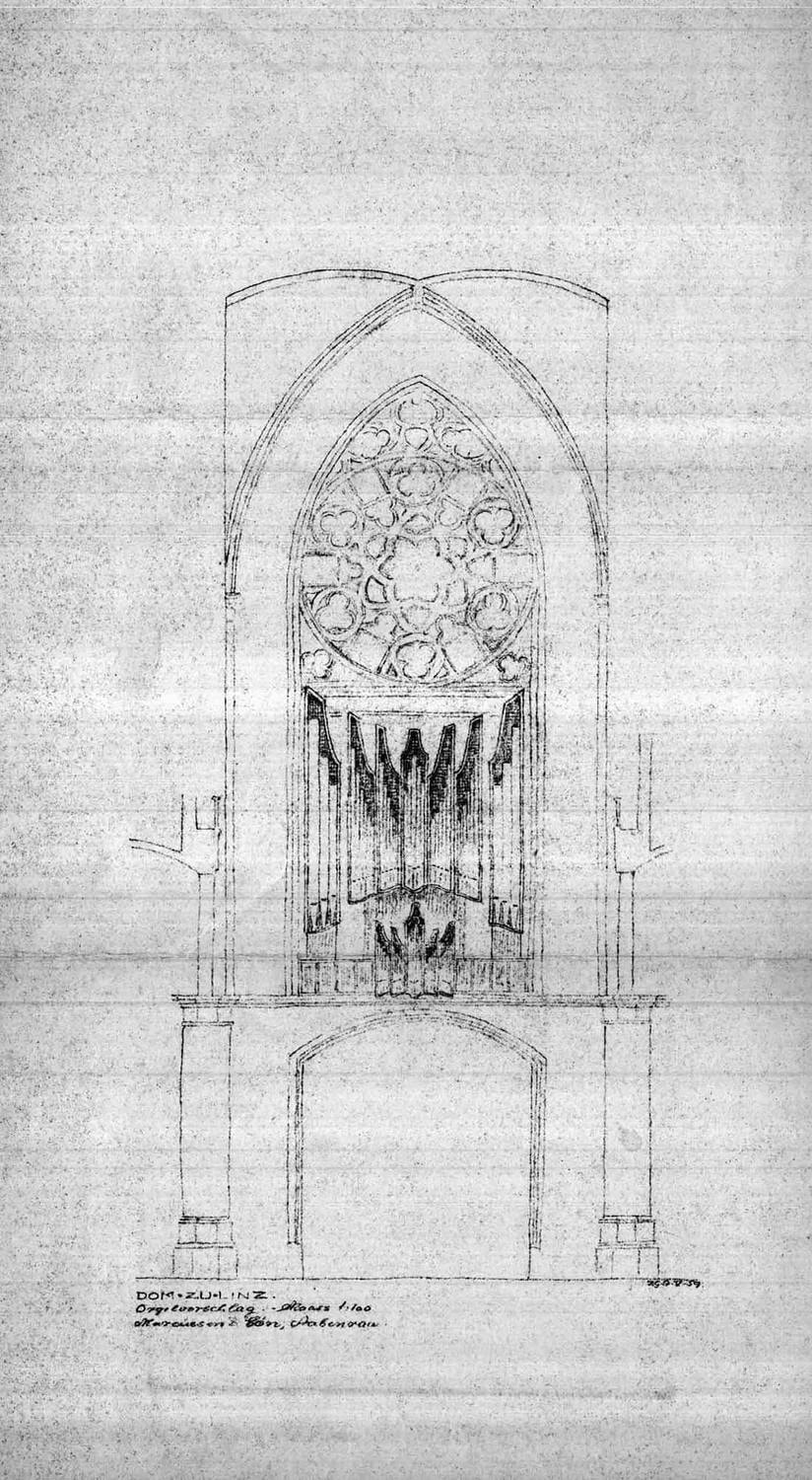 „Dom zu Linz – Orgelvorschlag“ im Maßstab 1:100 der Orgelbaufirma Marcussen & Søn (Mai 1959).