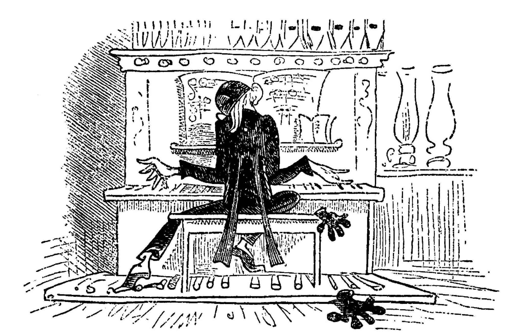 Lehrer Lämpel an der Orgel in Wilhelm Buschs „Max und Moritz“
