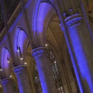 Mariendom Linz in blaues Licht gehüllt