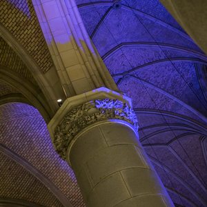 Mariendom Linz in blaues Licht gehüllt